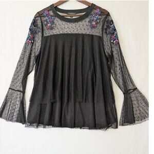 Lane Bryant Womens Black Mesh Embroidered Witchy Wimsygoth Boho Top Size 14/16‎